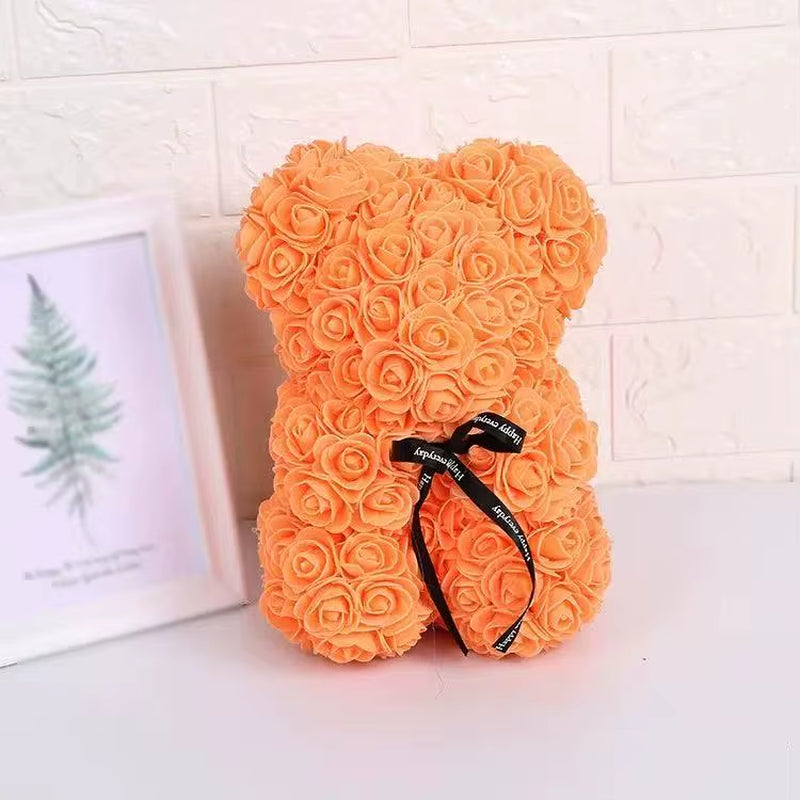 25Cm Artificial Teddy Rose Flower Bear with Box Romantic Valentines Day Gift Girlfriend Women Anniversary Wedding Party Supplies